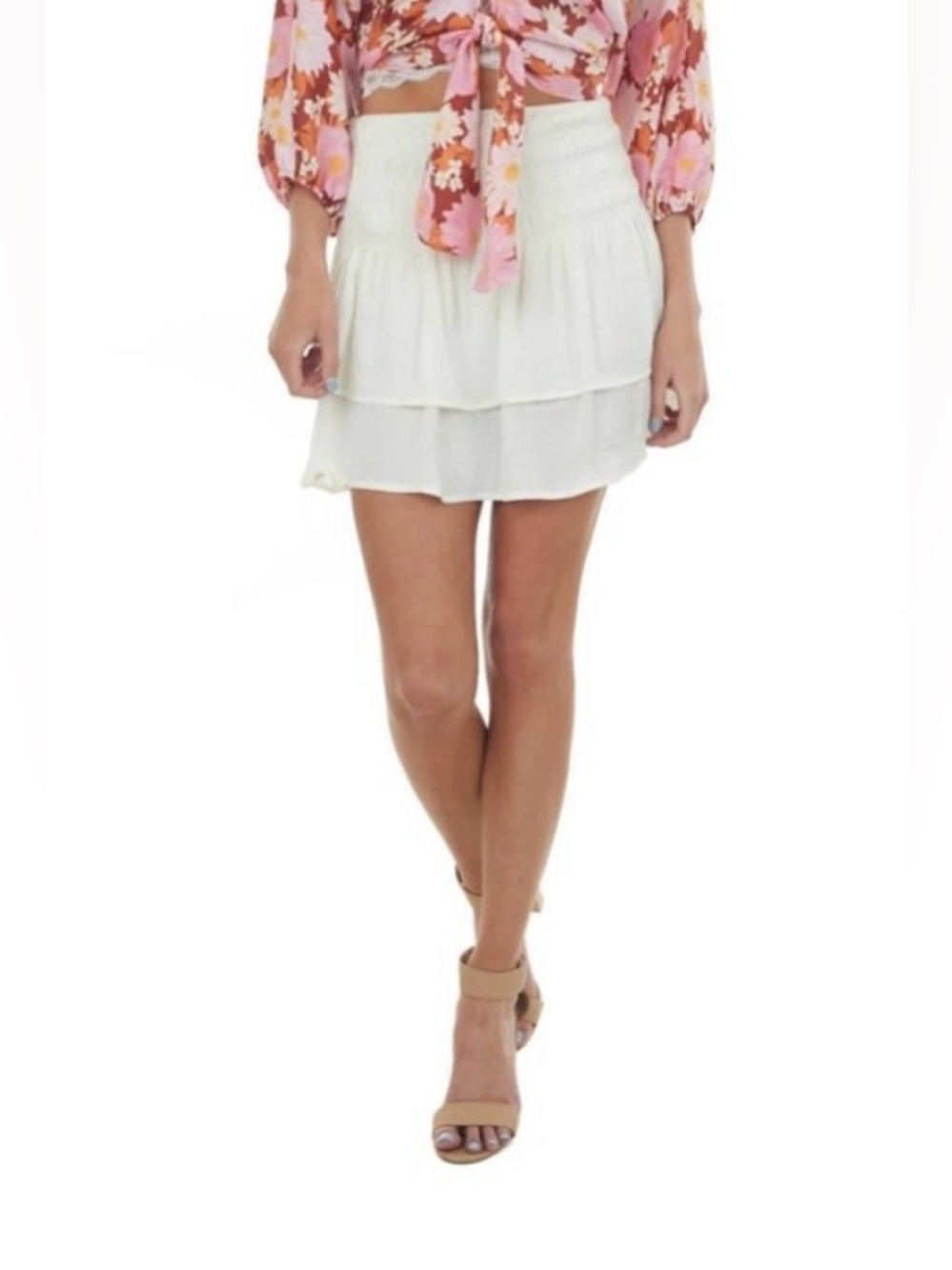 NWT Storia Cream Ruffle Mini Skirt Size S Swiss Dot Tiered Cottagecore Feminine